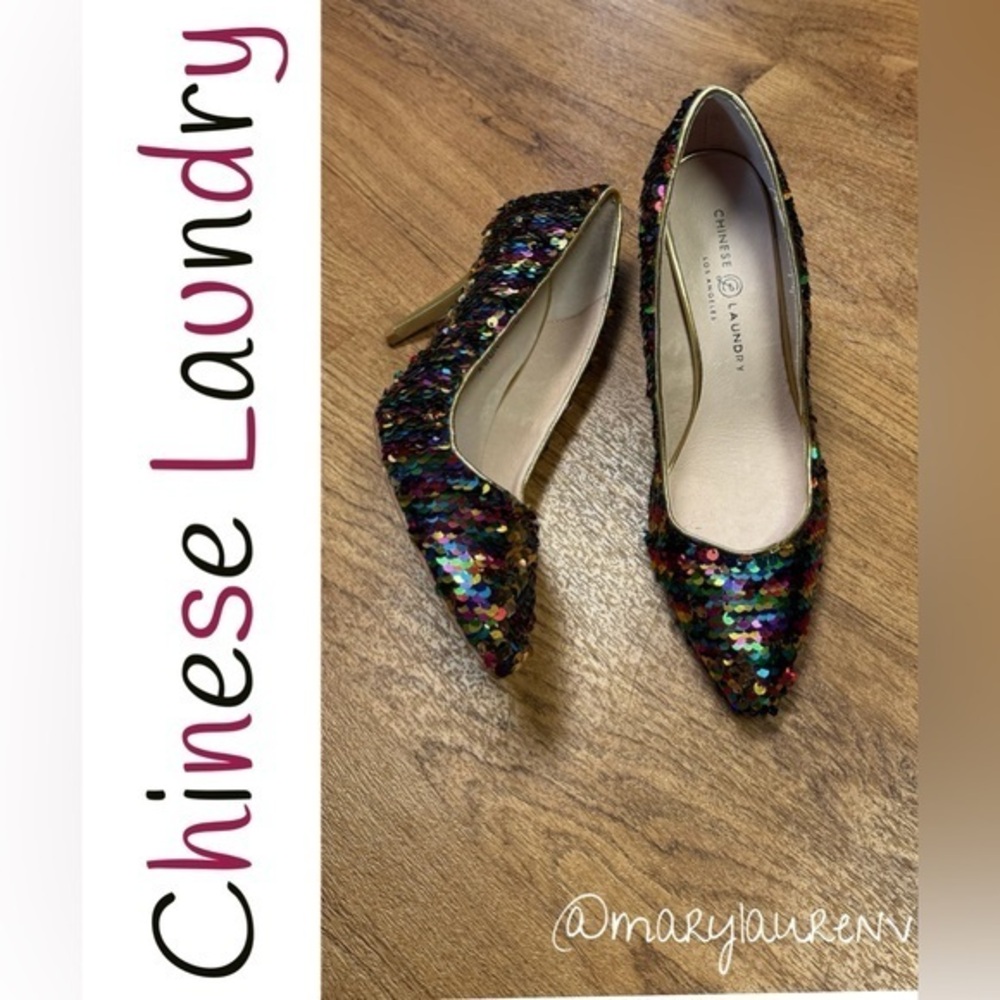 Chinese Laundry Reversible Sequin Pumps Rainbow Gold Pointed Heels Sz 8.5 Party